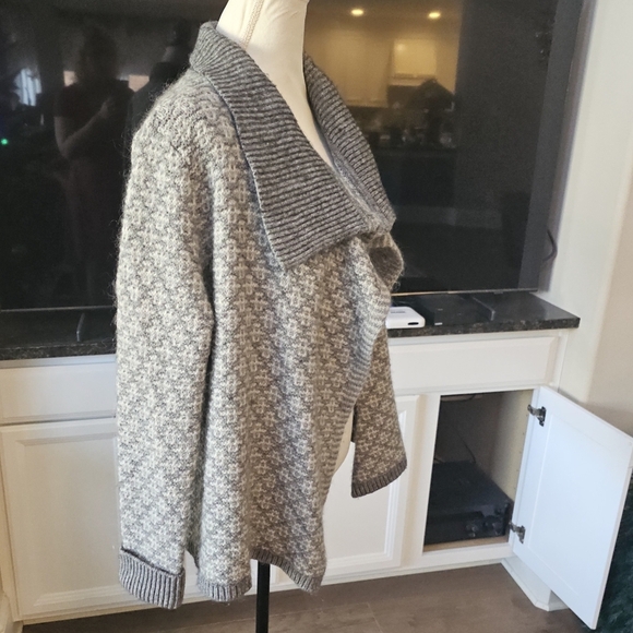 LOFT Geo Jacquard Grey White Wool Mohair Blend Open Cardigan L - Picture 3 of 13